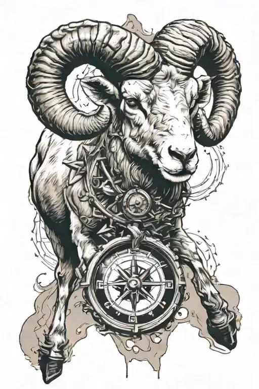 A Full Body Ram Animal In Motion Half Sleeve With A Compass In The Background And A Sand Clock