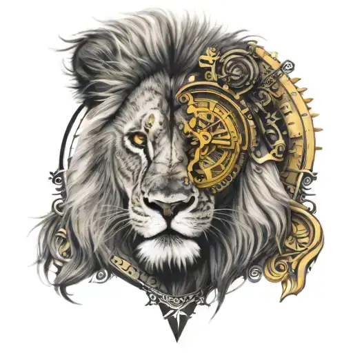Yellow Eye Lion Design Combined With Compass And Clock Cross