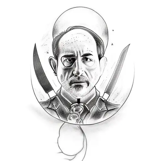 A Tattoo Design Featuring A Sketch-like Portrait Of Joe Goldberg Surrounded By His Favorite Knives