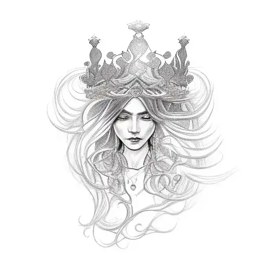 A Sketch-style Tattoo Of A Mystical Woman With Flowing Hair And A Crown Of Flowers