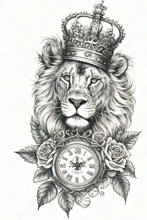 Lion With Crown And Has Blue Eyes With Roses And A Clock Around
