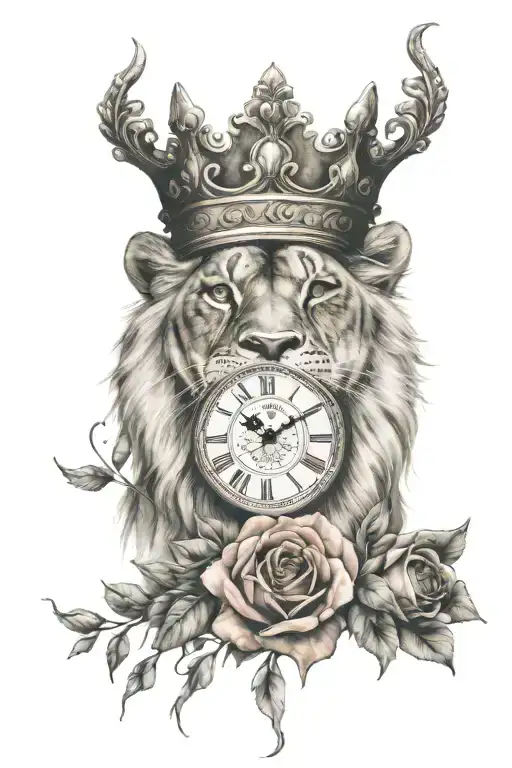 Female Lion With Crown And Has Her Mouth Open And Has Blue Eyes With Roses And A Clock Around