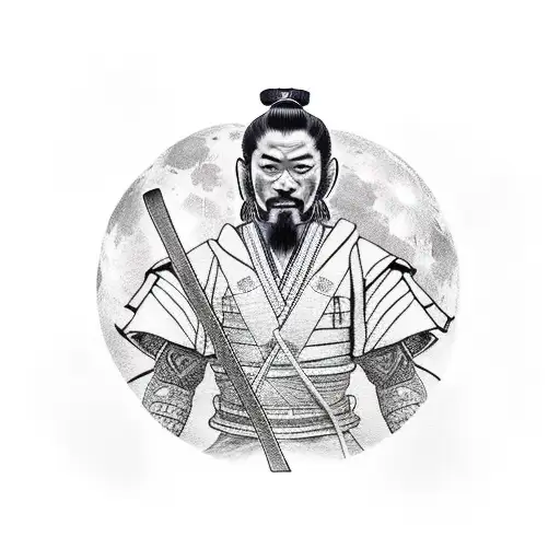 Samurai On The Background Of The Moon In A Straw Hat