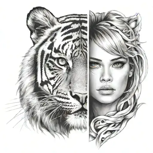 Woman Face And Half Tiger Face