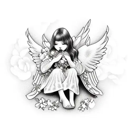 An Angel Sitting Under A Cherry Blossom Tree With Roses And Flowers Surrounding Them