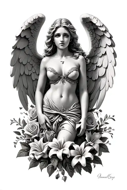 Stone Angel Woman With Roses And Lillies Around Her Waist Covering Her Private Parts