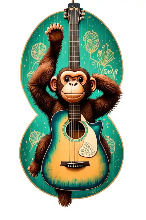 Vintage Jellycat Monkey Hanging Upside Down From A Realistic Acoustic Guitar