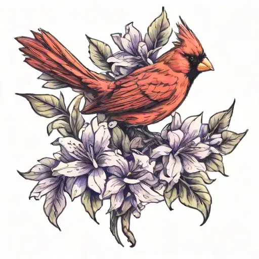 Cardinal And Purple Flowers