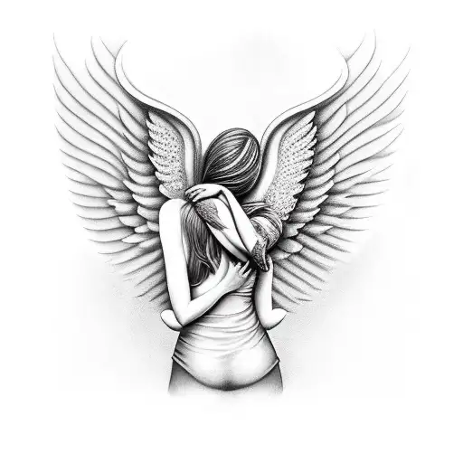 Woman Angel With Wings Hugging Herself