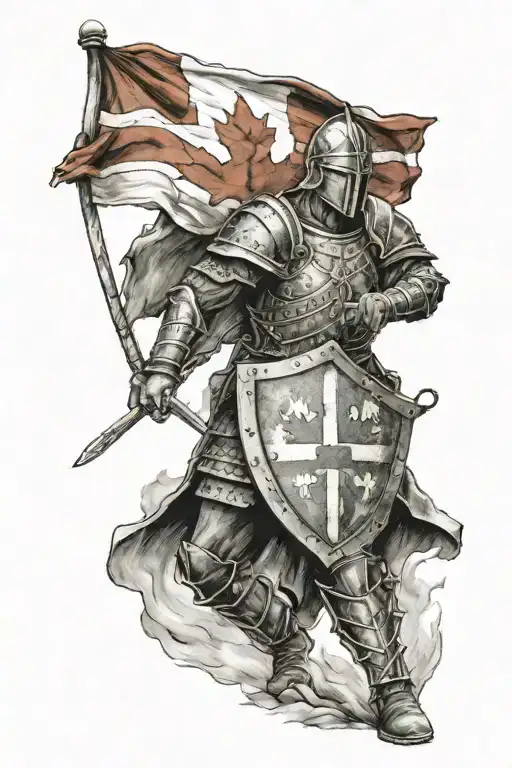 Tattoo Of A Warrior Holding A Shield With A Canadian And Quebec Flag Inside