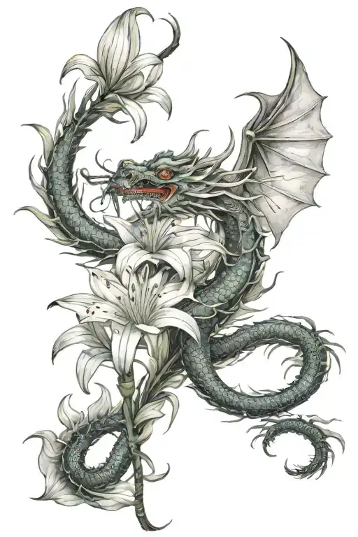Japanease Dragon Wrapping Around A Spider Lily Flower