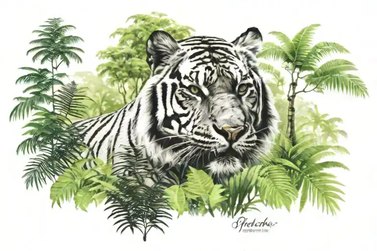 Tiger In Jungle Forest With Trees And Name Written