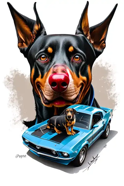 Woman With Clown Face With A Doberman And A Ford Mustang Car