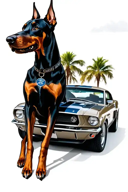 Woman With A Doberman And A Ford Mustang Car