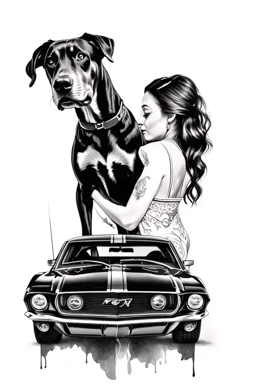 Black And White Tattoo Of A Woman With A Doberman And A Ford Mustang Car
