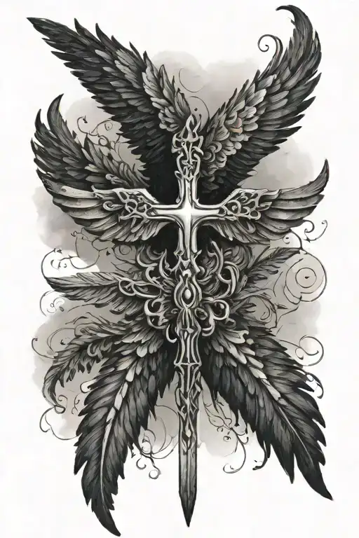 Upside Down Cross With 6 Black Feathered Wings Spreading Away From It