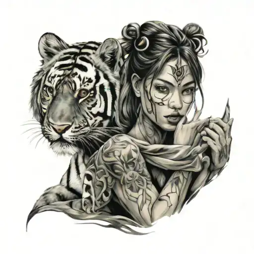 There Are Beutiful Girl And There Are Mask On Her Hand And With Tiger