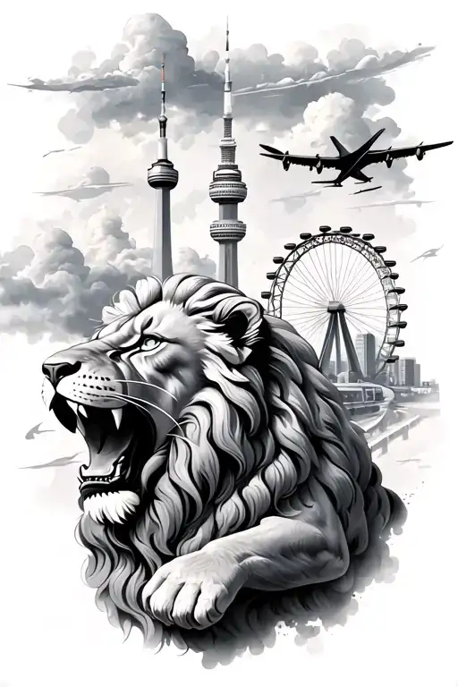 Roaring Lion And Cn Tower And Montreal Ferris Wheel And Road And Clouds And Plane