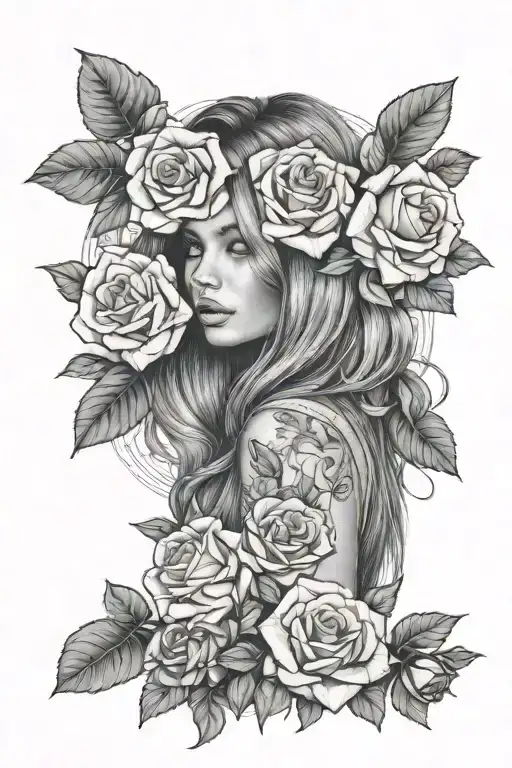 Girl With Long Hair On The Background Of Flowers Roses