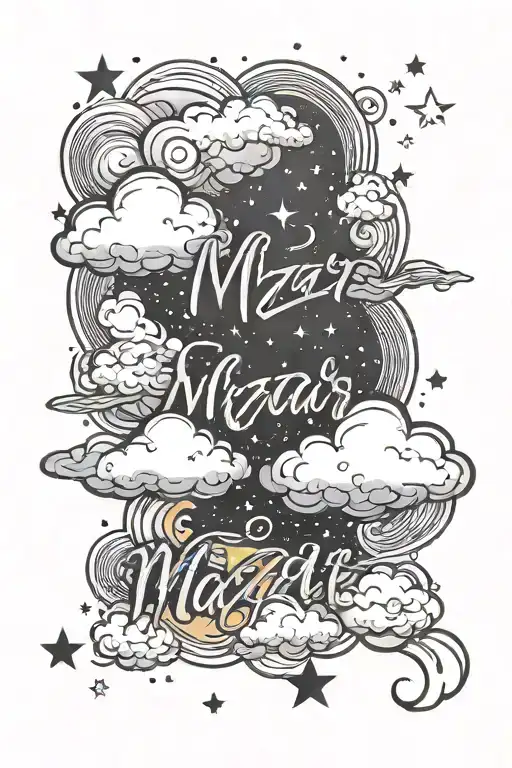 Clouds As The Background With Stars Around The Word Mazar In Cursive Writing