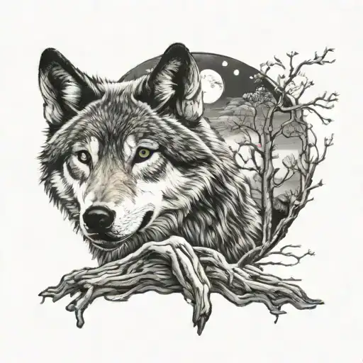 Wolf With Wood And Moon Rising