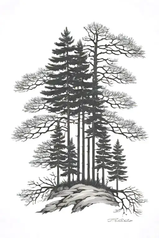 5 Black And White Pine Trees Representing A Family