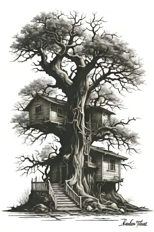 Large Dead Tree With Roots At The Waist The House All The Way To The Shoulder