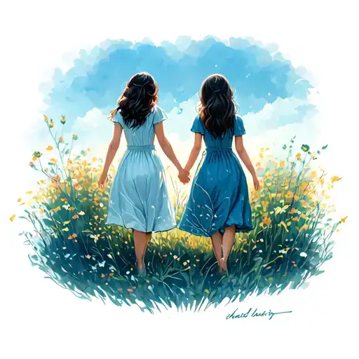 Two Girls Seen From Behind Walking In The Nature Hand To Hand