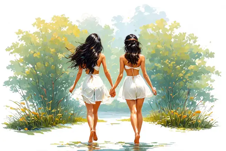 Two Sexy Girls Seen From Behind Walking In The Nature Hand To Hand