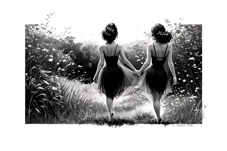 Two Sexy Girls Seen From Behind Walking In The Nature Hand To Hand