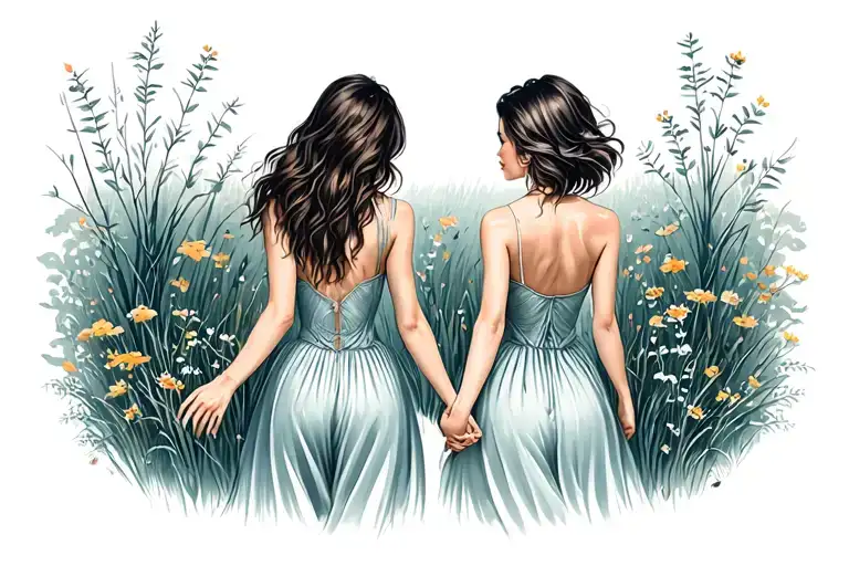 Two Sexy Girls Seen From Behind Walking In The Nature Hand To Hand