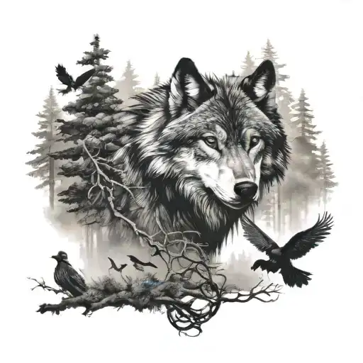 Wolf In The Forest With Crows