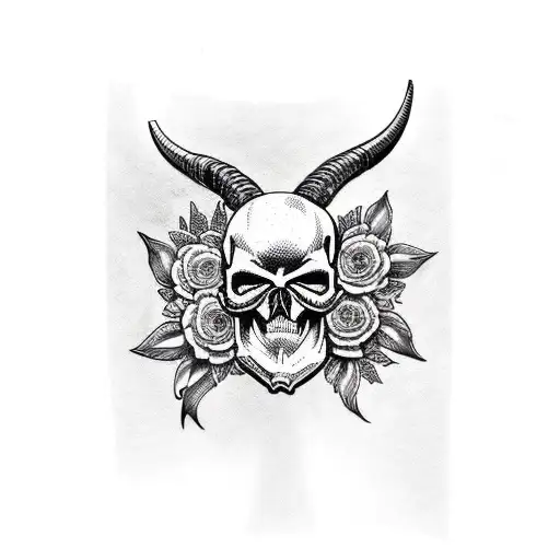 Car Skull With Ram Horns And Soft Flowers