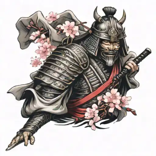 Please Design A Tattoo That Depicts A Samurai Wearing His Full Armor And Mask With 7 Cherry Blossoms