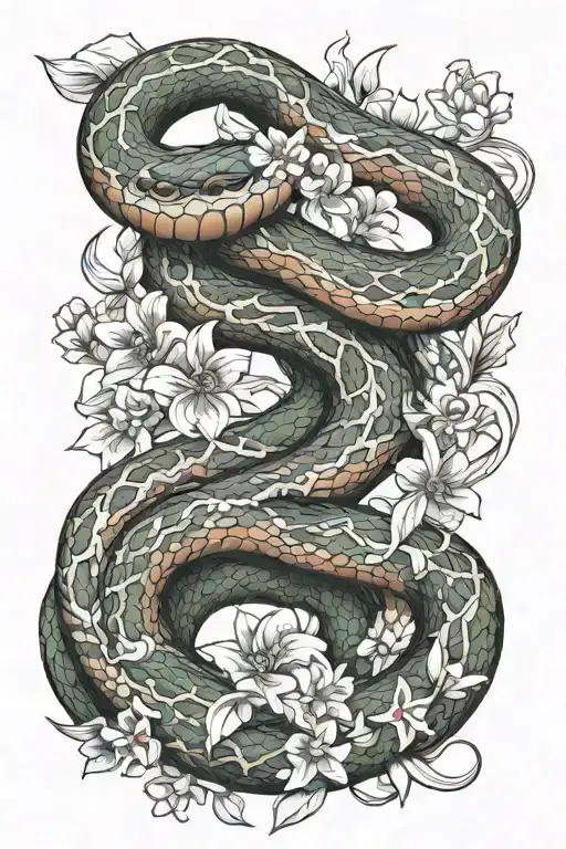 Snake Coiled In Flowers Intertwined