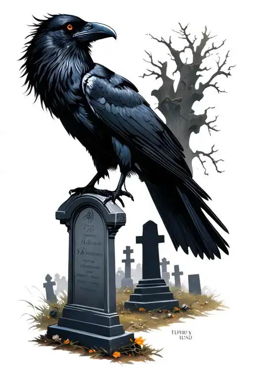 Black Raven With A Lot Of Positive But Also Dark Charisma In The Cemetery With The Tombstone