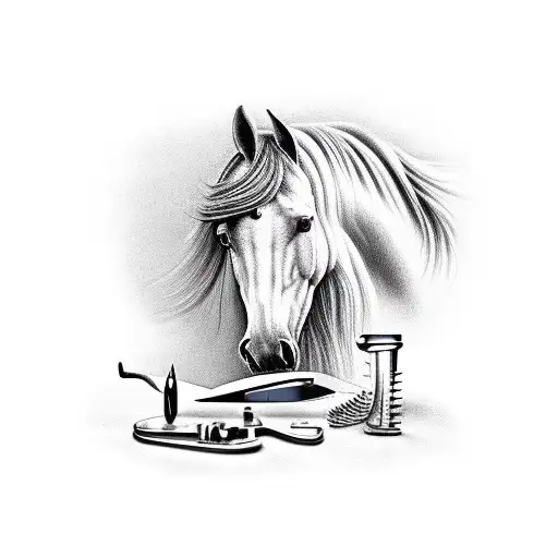 A Realistic Portrait Of A Horse With Surgical Instruments In The Background