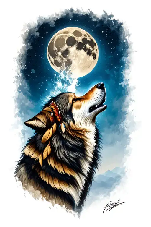 A Native American Wolf Howling At The Moon Merging Together