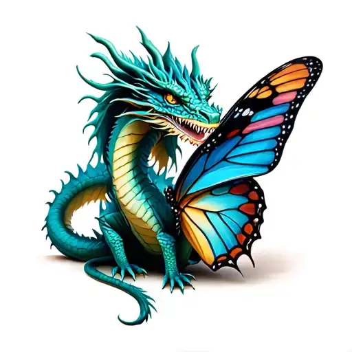 Dragon And Butterfly Sitting Together