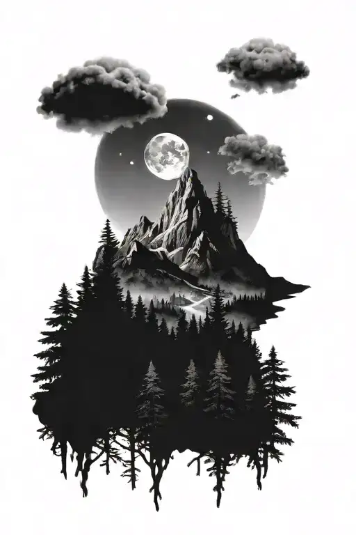 Moutain In A Forest Scene On A Full Moon Night