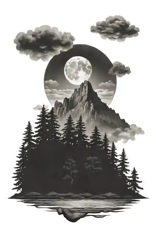 Moutain In A Forest Scene On A Full Moon Night