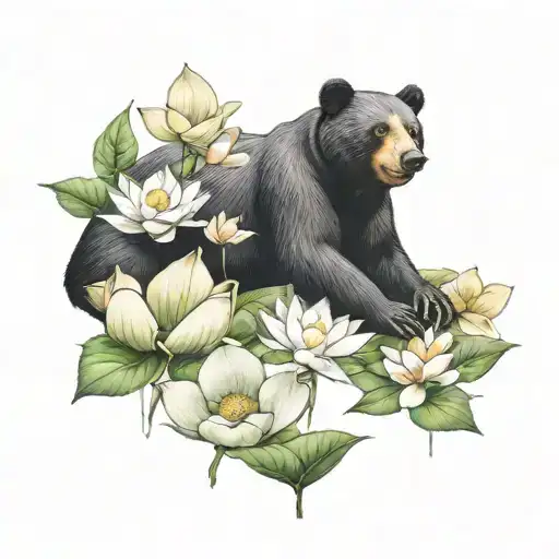 Sunbear With Temple Lotus Flowers Surrounding