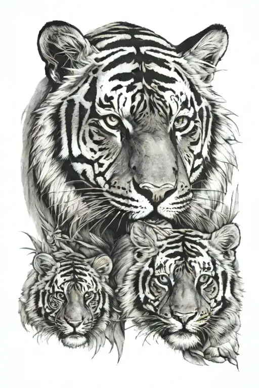 Tiger With Female Tiger And Cub Surrounded