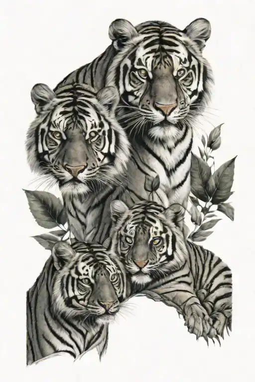 Male And Female Tiger With Cub And Eucalptus