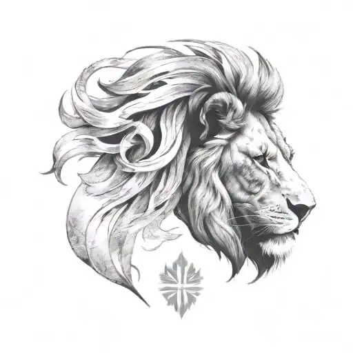 A Minimalist Tattoo Design Of A Lion's Head With A Hidden Dragon Silhouette Within It