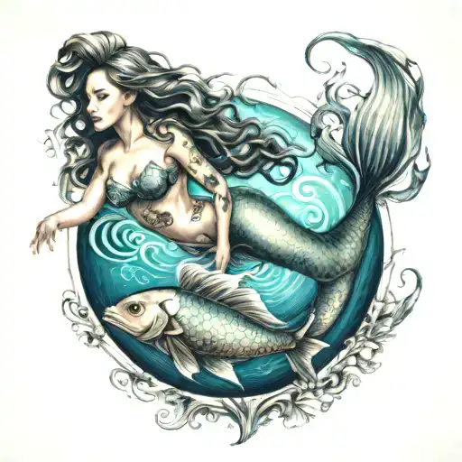 Mermaid Swimming With A Beta Fish Swimming In A Yin Yang Shape