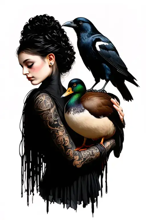 Faceless Goth Woman Holding A Duck In One Arm With A Crow Perched On The Other Arm
