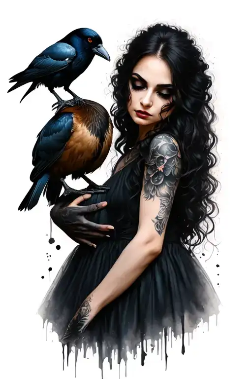 Faceless Goth Woman Holding A Duck In One Arm With A Crow Perched On The Other Arm
