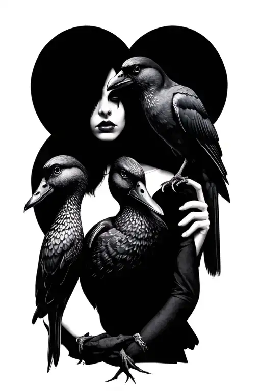 Faceless Goth Woman Holding A Duck In One Arm With A Crow Perched On The Other Arm