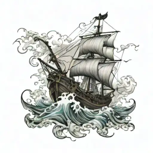 A Pirate Ship Sailing Through A Stormy Sea While Fighting A Kraken